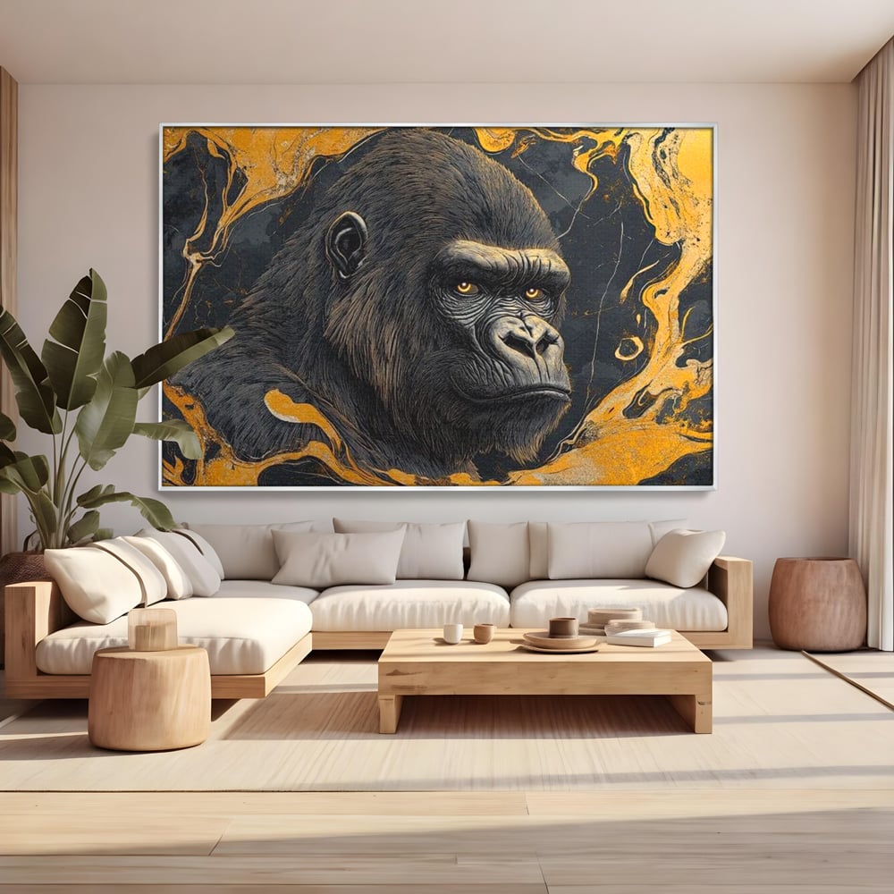 Tablou canvas cu tablou canvas cu gorila si detalii aurii, in rama de aluminiu argintiu, pe perete intr-un living